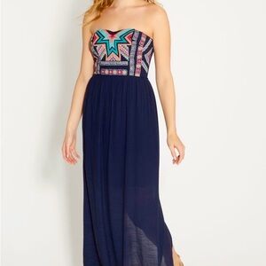 Maurice’s Strapless Aztec Pattern Detail Navy Blue Maxi Dress, Size M